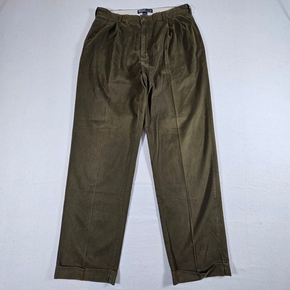 Polo Ralph Lauren Hammond Pant Mens 36x34 Olive Green Pleated Cuffed Cotton Pant